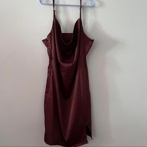 Brown cowl neck satin mini dress